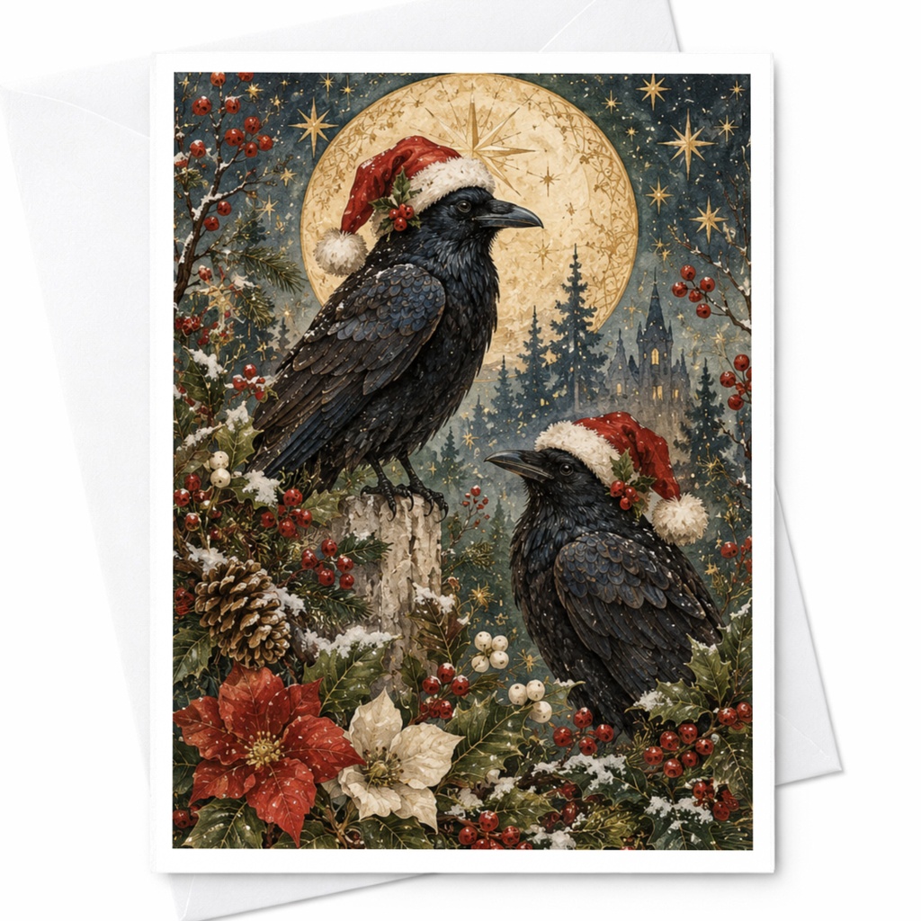Crows With Santa Hats Christmas Card Festive Holiday Greeting Card Winter Scene For Bird Lover Nature Inspired C8791