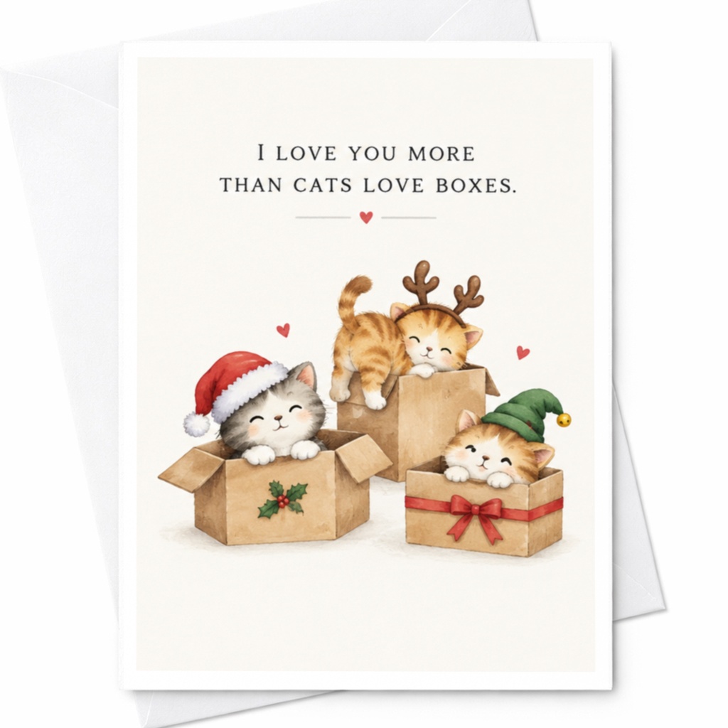 I Love You More Than Cats Love Boxes Christmas Card Cute Holiday Greeting Card For Cat Lover Funny Festive Card C8792
