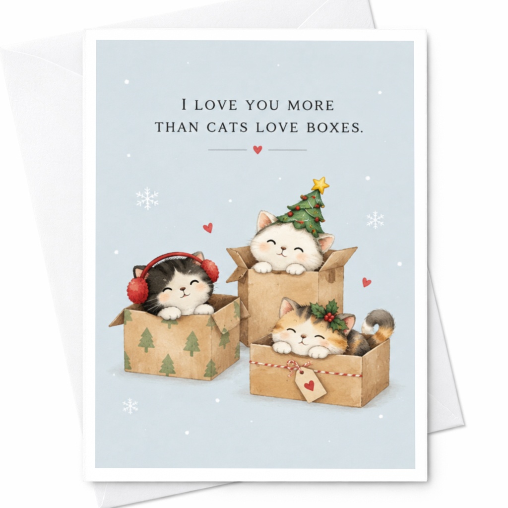 I Love You More Than Cats Love Boxes Christmas Card Cute Holiday Greeting Card For Cat Lover Romantic Winter Card C8793