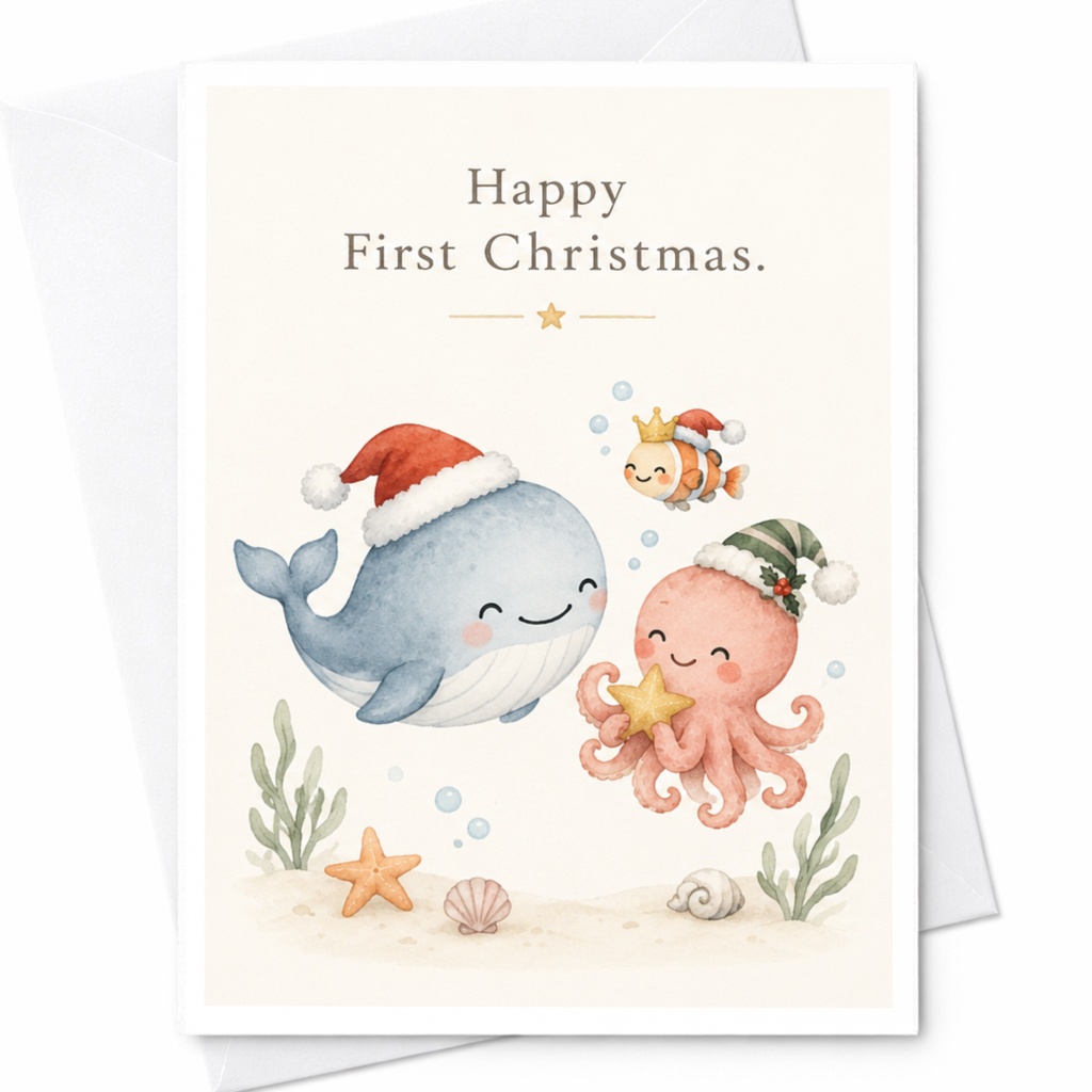Happy First Christmas Cute Whale Octopus Card Baby's First Christmas Card Adorable Sea Animal Holiday Card For Kids C8794