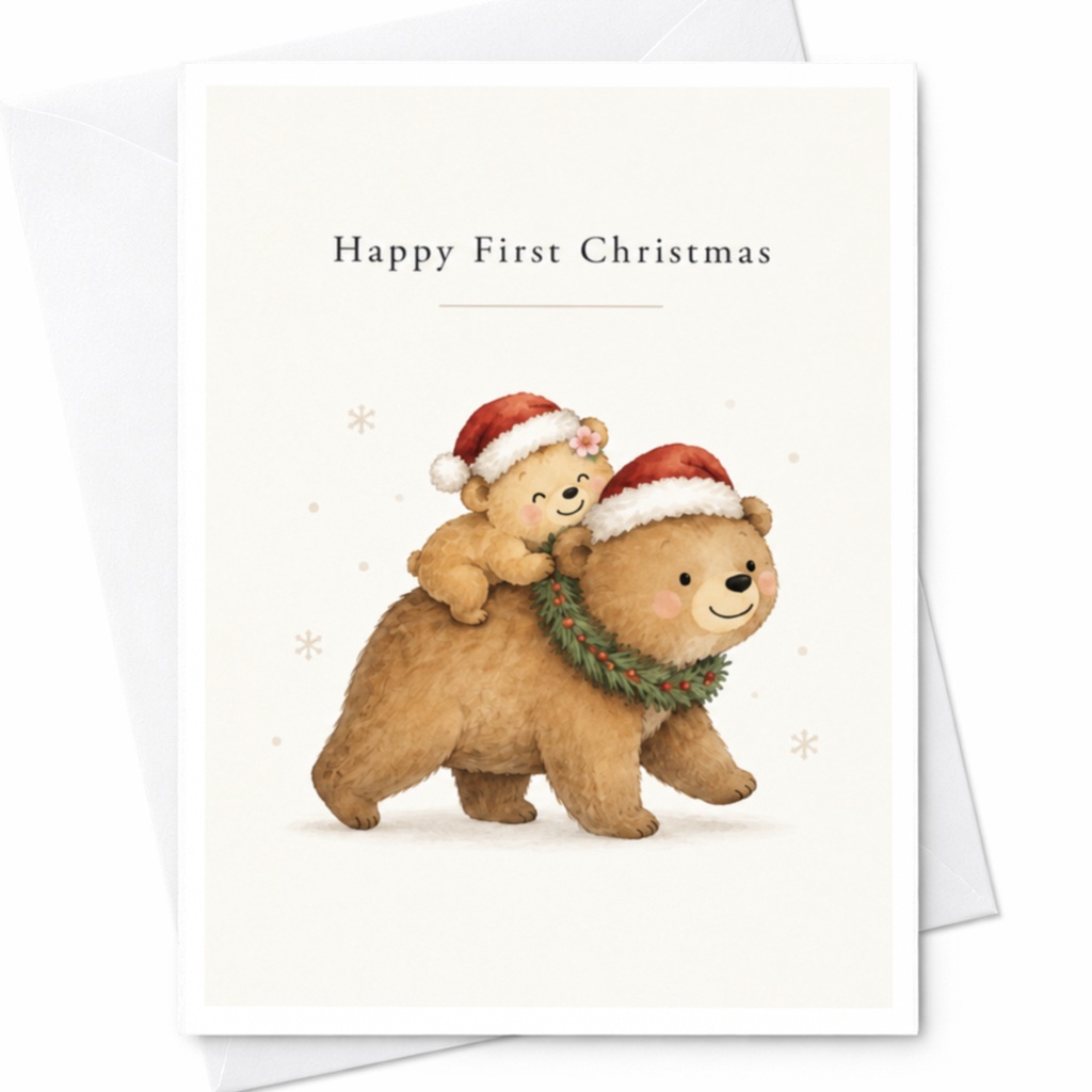 Happy First Christmas Cute Bear Card Baby's First Christmas Greeting Card Adorable Holiday Card For New Parents C8804