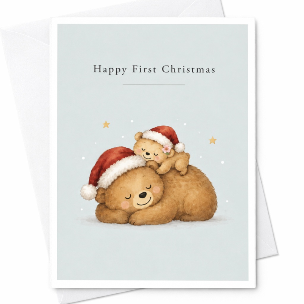 Happy First Christmas Cute Bear Card Christmas Card For Baby's First Christmas Adorable Santa Hat Bears Holiday Card C8805