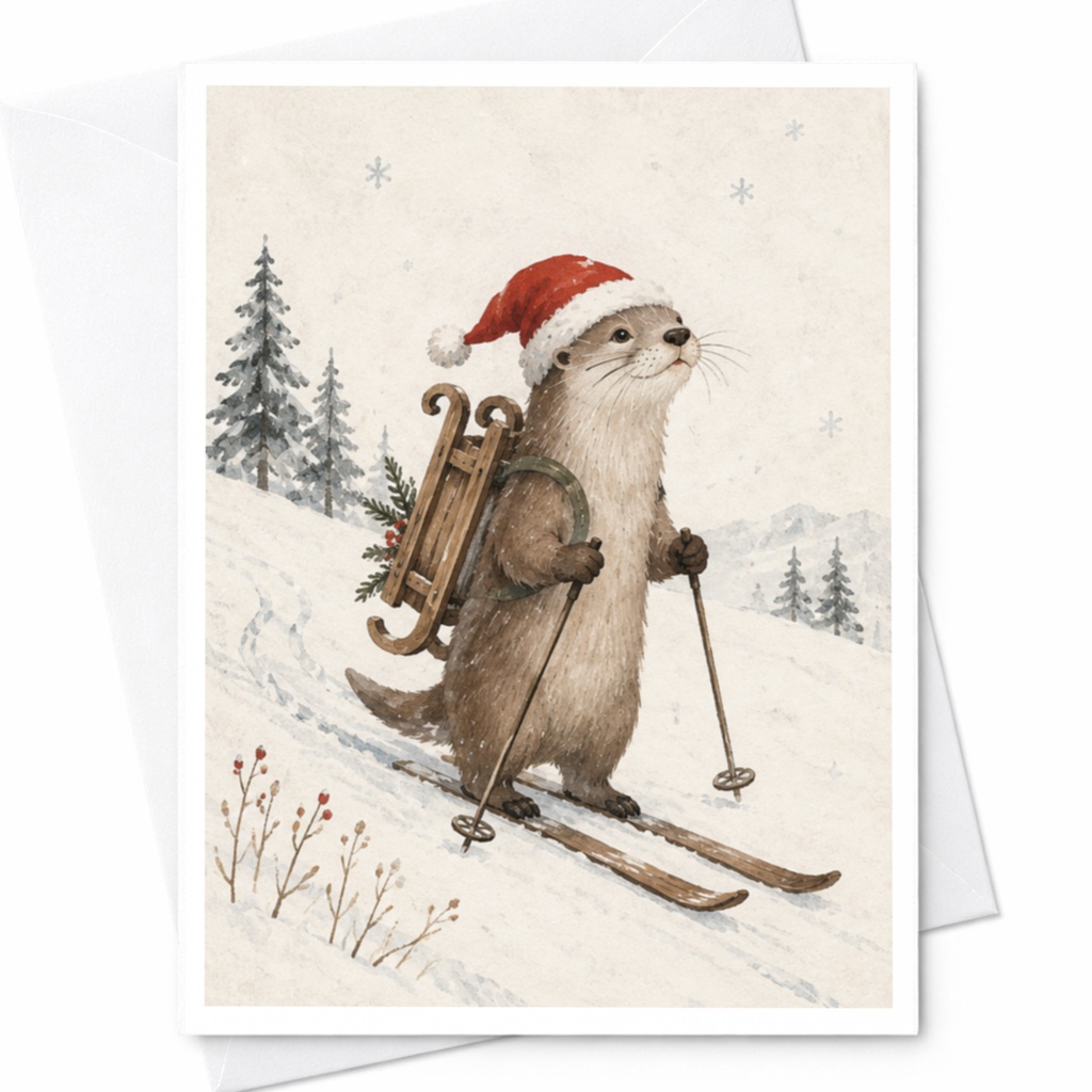 Otter Skiing Christmas Card Cute Animal Holiday Greeting Card Winter Scene For Nature Lover Festive Card With Santa Hat C8806
