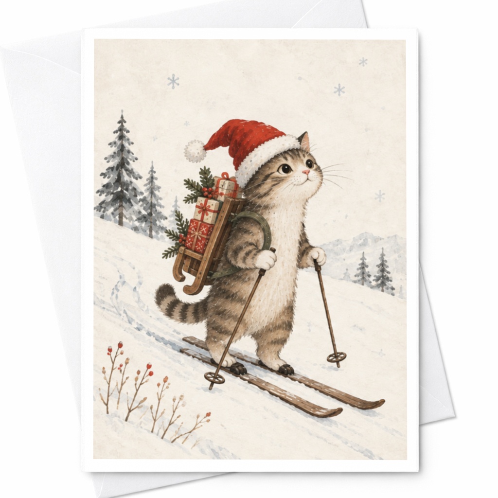 Cat Skiing Christmas Card Cute Holiday Greeting Card Winter Scene For Cat Lover Festive Animal Card With Gifts Snowy Landscape C8808