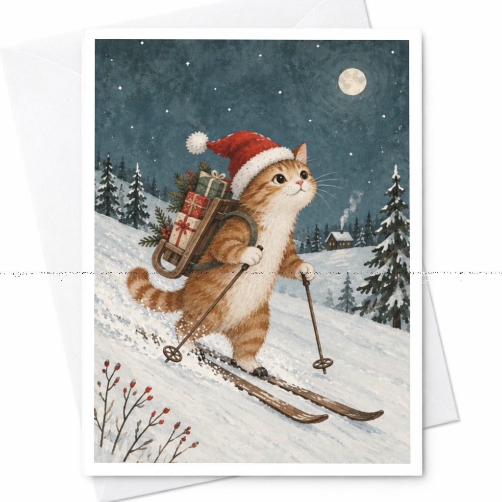 Cat Skiing Christmas Card Cute Holiday Greeting Card For Cat Lover Winter Scene With Gifts Festive Animal Card C8809