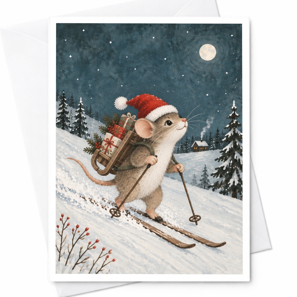 Mouse Skiing Christmas Card Cute Holiday Greeting Card Winter Animal Illustration For Kids Family Festive Season C8811