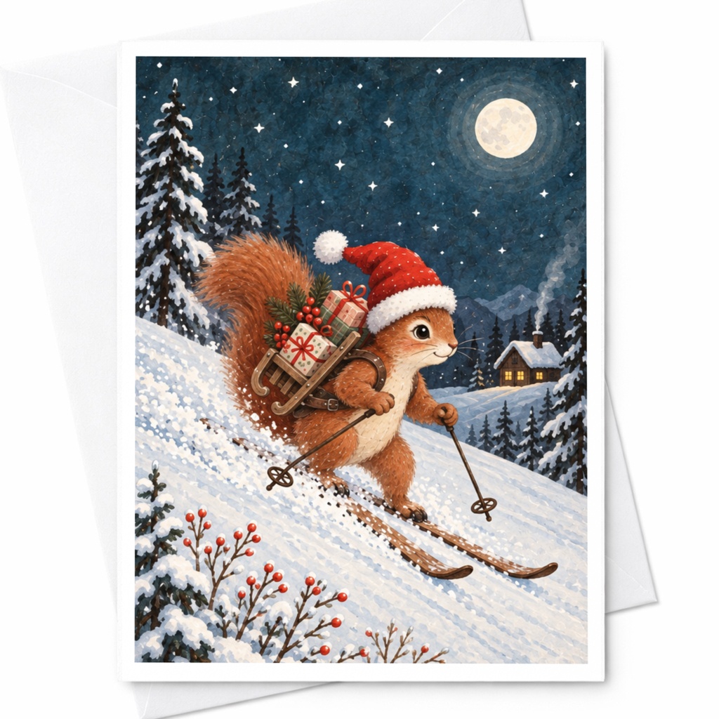Squirrel Skiing Christmas Card Cute Holiday Greeting Card Winter Scene For Animal Lover Festive Season Card With Gifts C8815
