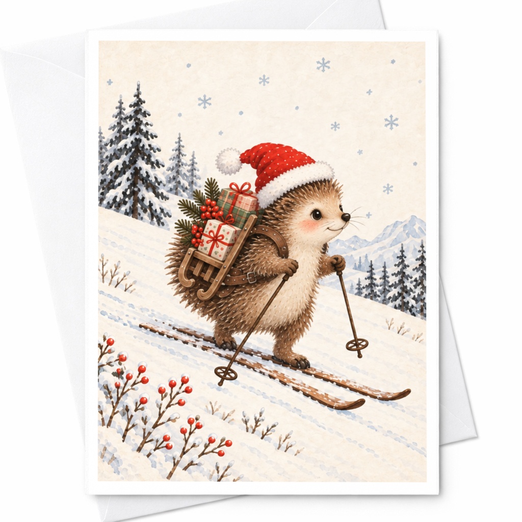 Hedgehog Skiing Christmas Card Cute Animal Holiday Greeting Card Winter Scene For Kids Family Festive Illustration C8816