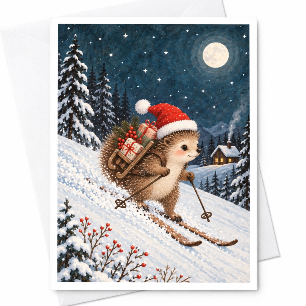 Hedgehog Skiing Christmas Card Cute Winter Animal Greeting Card Holiday Card For Kids Family Festive Illustration C8817