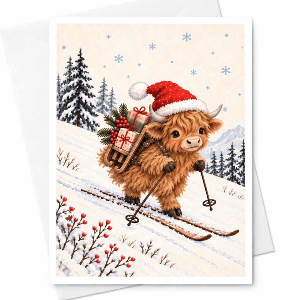 Highland Cow Christmas Card Cute Animal Holiday Greeting Card Winter Skiing Scene For Animal Lover Festive Season Card C8820