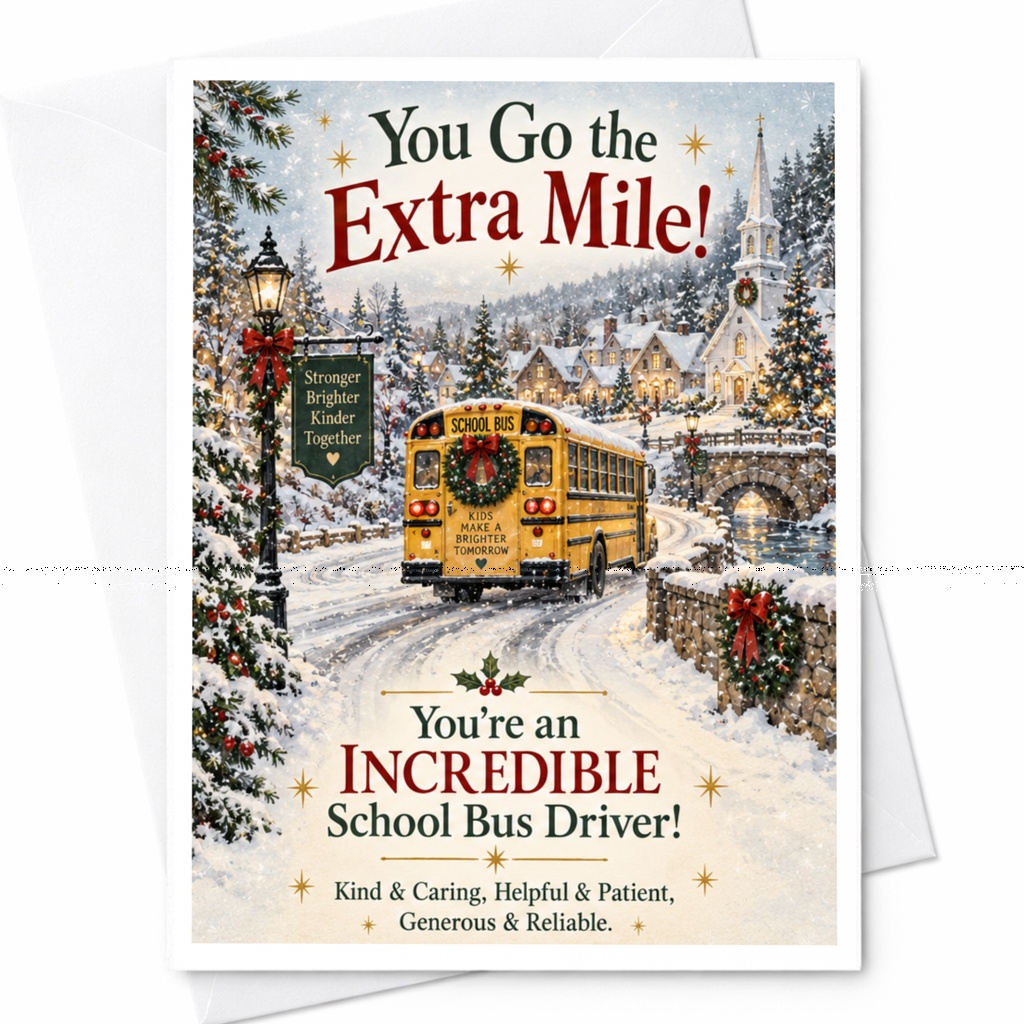 You Go The Extra Mile! You're An Incredible School Bus Driver! Appreciation Card For Bus Driver Winter Scene Thank You C8825