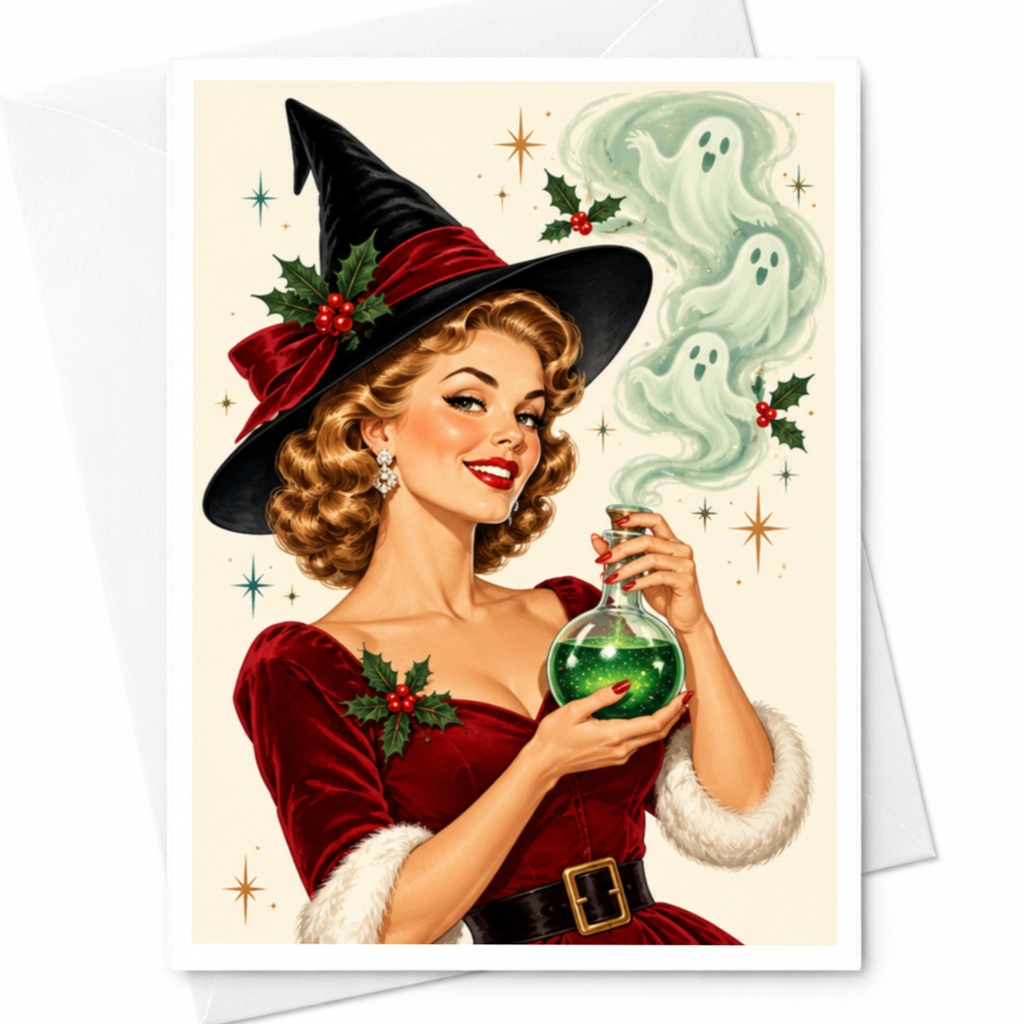 Vintage Witch Halloween Card Retro Style Greeting Card For Her Cute Witchy Art Holiday Card Spooky Season Card C8826