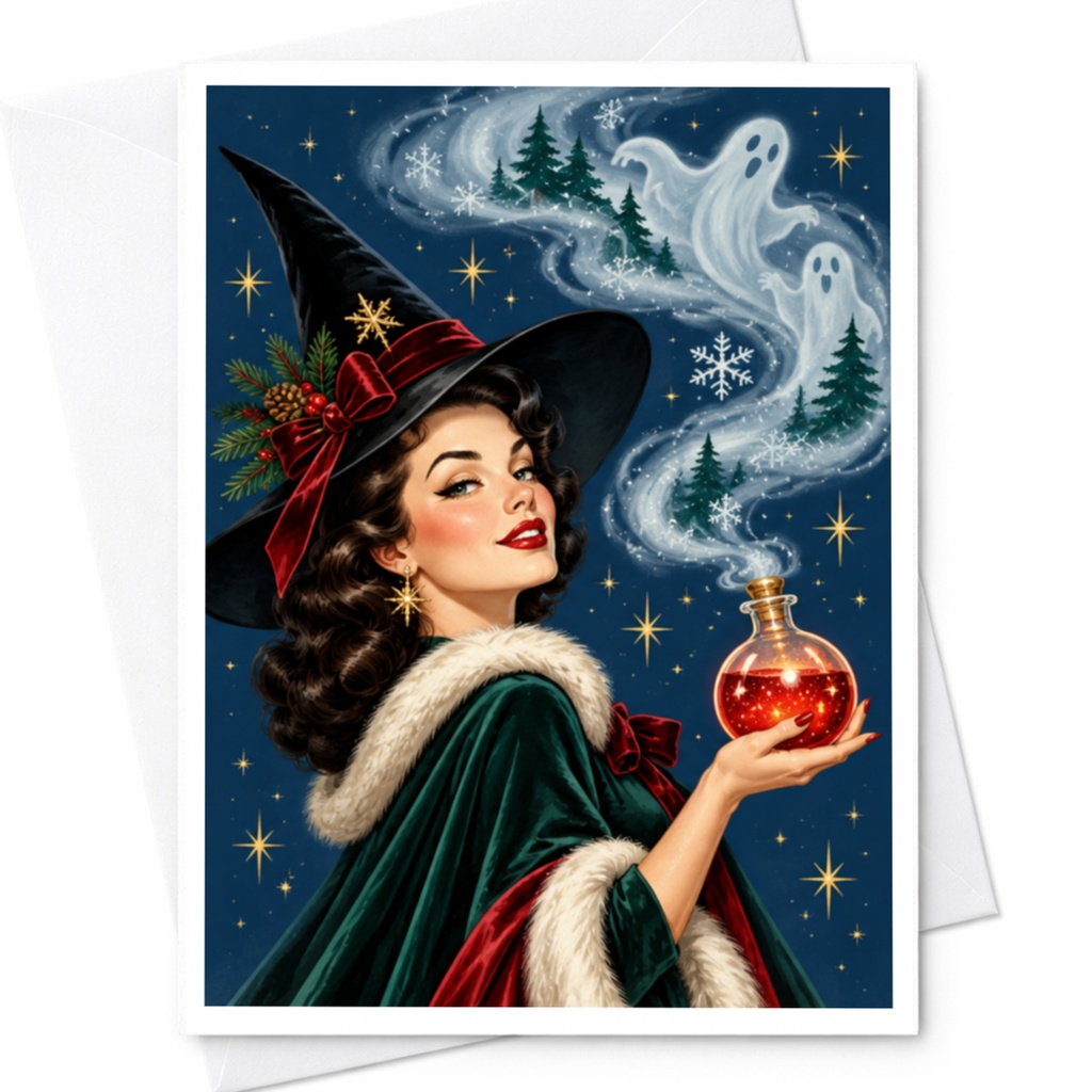 Vintage Witch Halloween Card Retro Style Greeting Card Spooky Ghosts Potion Magic For Her Cute Holiday Card C8827
