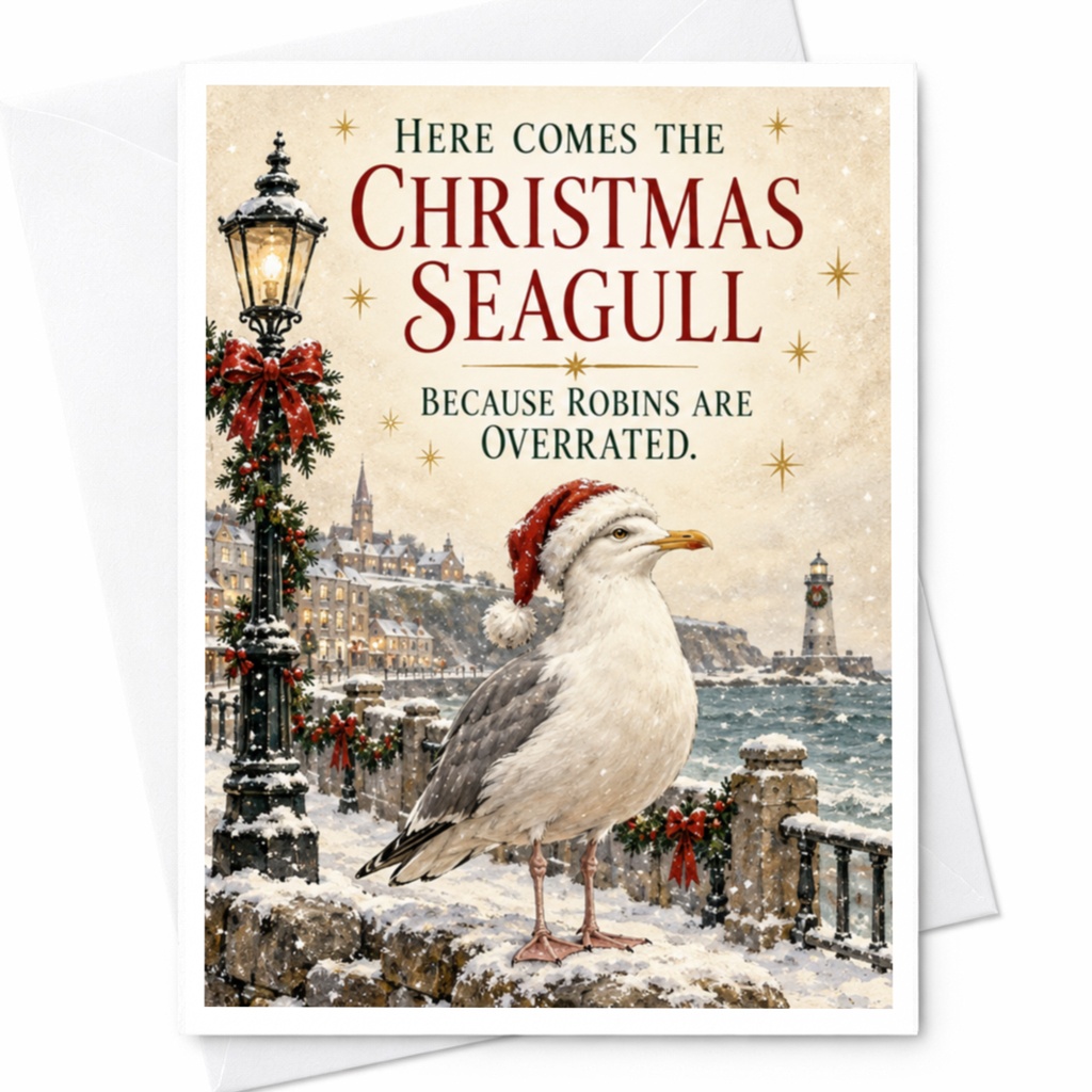 Here Comes The Christmas Seagull Because Robins Are Overrated Funny Christmas Card Seagull Lover Holiday Greeting Card C8828
