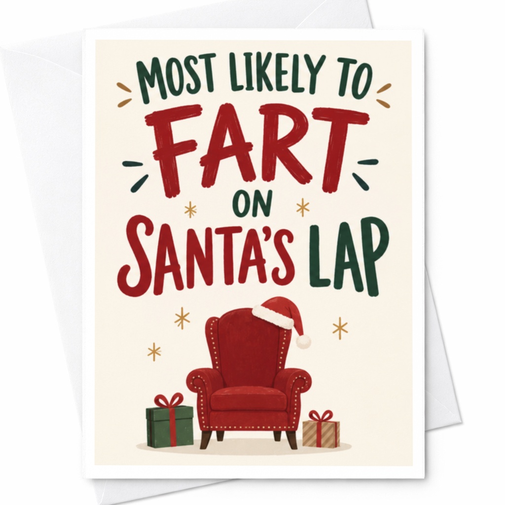 Most Likely To Fart On Santa's Lap Funny Christmas Card Holiday Greeting Card For Kids Family Cute Santa Chair C8834