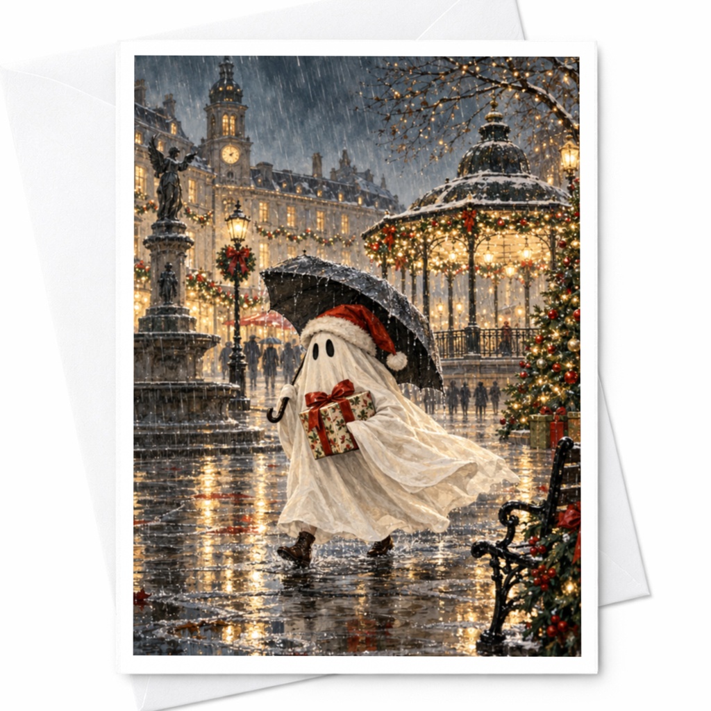 Ghost Christmas Card Festive Holiday Greeting Card Cute Ghost With Gift Winter Scene For Friend Family Seasonal Card C8837