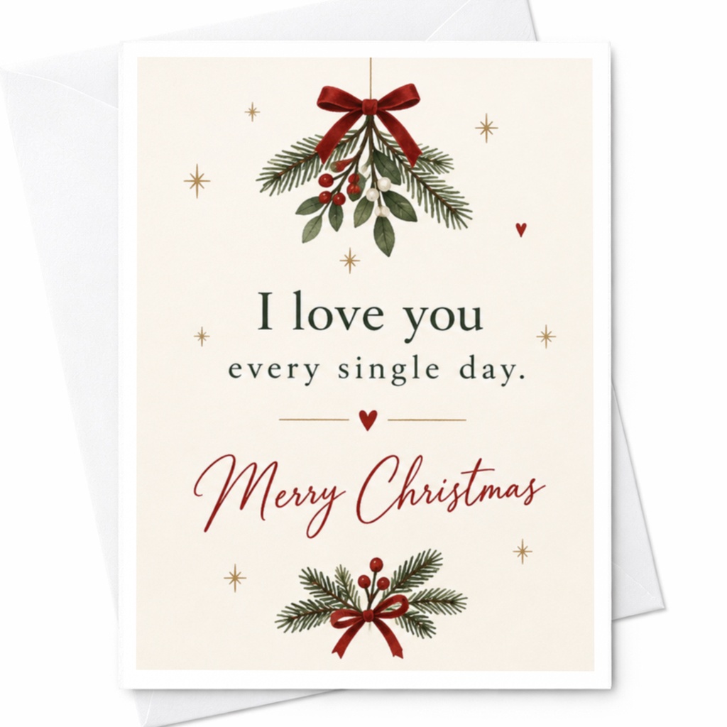 I Love You Every Single Day Merry Christmas Card Romantic Holiday Greeting For Partner Festive Card With Bow And Berries C8850