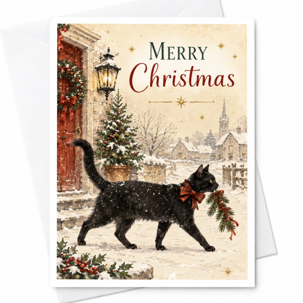 Merry Christmas Card Black Cat With Holiday Decor Cute Festive Greeting Card For Cat Lover Winter Scene Christmas Card C8854
