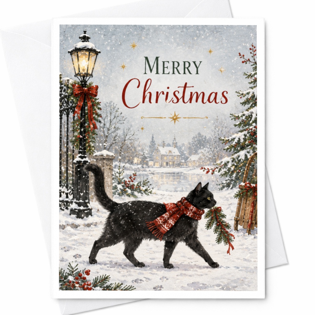 Merry Christmas Cat In Winter Scene Christmas Card Cute Holiday Greeting Card For Cat Lover Festive Snowy Landscape C8855