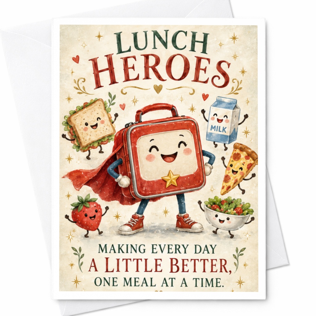 Lunch Heroes Making Every Day A Little Better, One Meal At A Time. Cute Everyday Greeting Card Lunchbox Food Characters C8858
