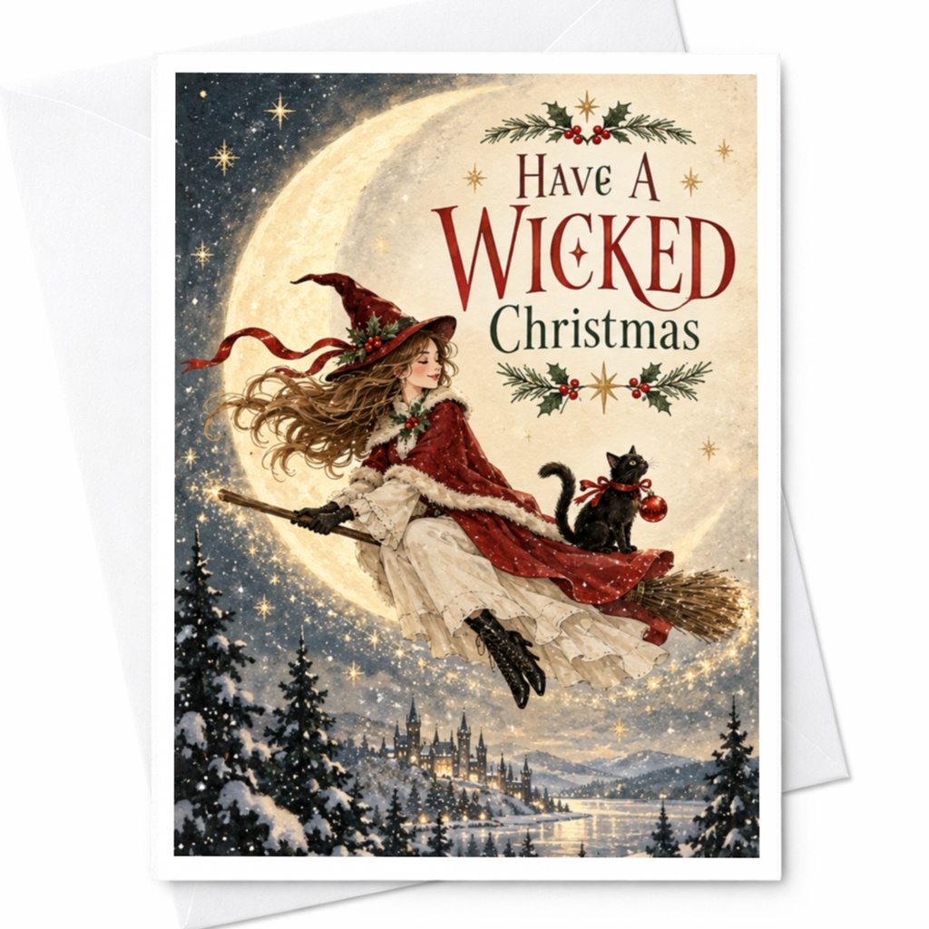 Have A Wicked Christmas Card Witch On Broom With Cat Holiday Greeting Card Festive Christmas Card For Friends Family C8863