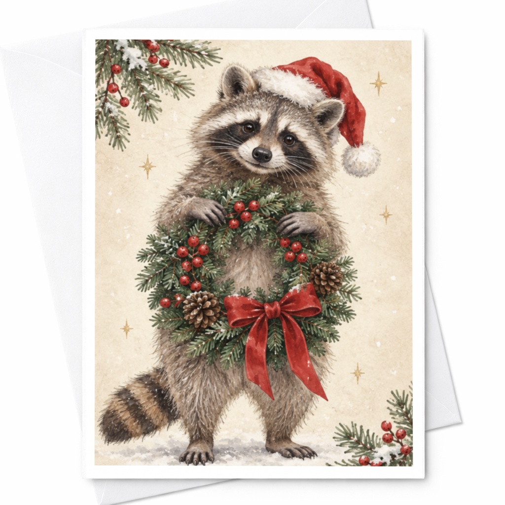 Raccoon Christmas Card Cute Animal Holiday Greeting Card Festive Wreath For Animal Lover Winter Season Card C8868