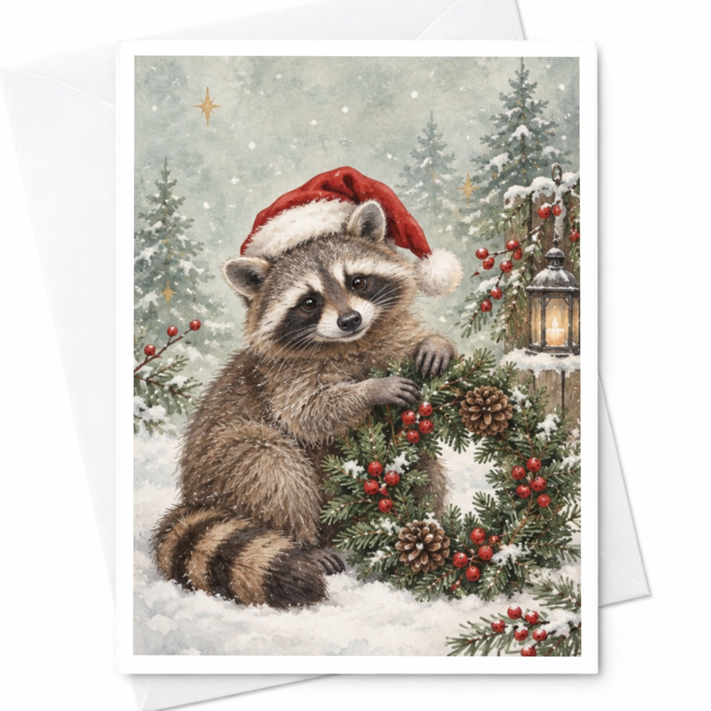 Raccoon Christmas Card Cute Animal Holiday Greeting Card Winter Scene For Animal Lover Festive Wreath Snowy Forest C8869