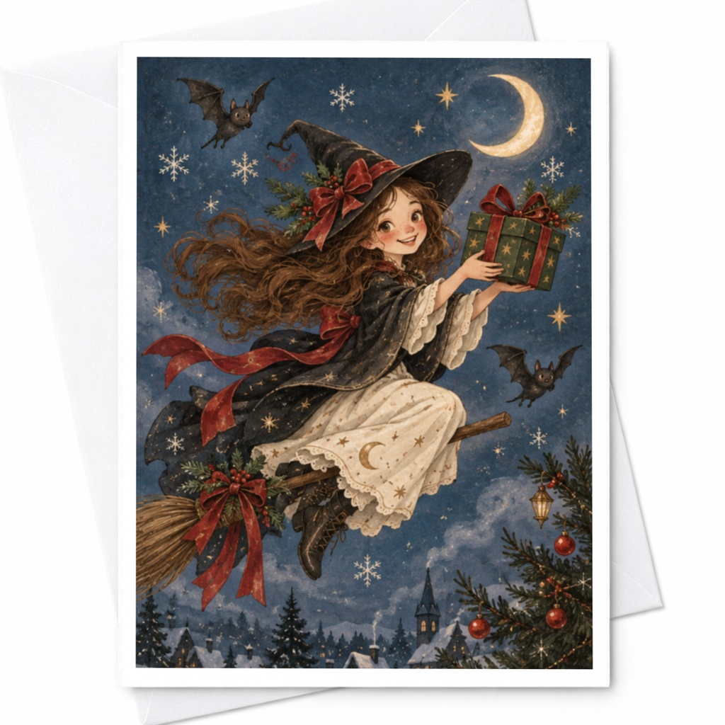 Witch On Broom Christmas Card Cute Holiday Greeting Card For Her Whimsical Winter Scene With Gift And Bats C8871