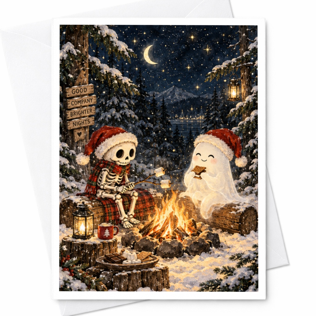 Good Company Brighter Nights Christmas Card Skeleton Ghost Campfire Cute Holiday Greeting Card Winter Scene For Friends C8872