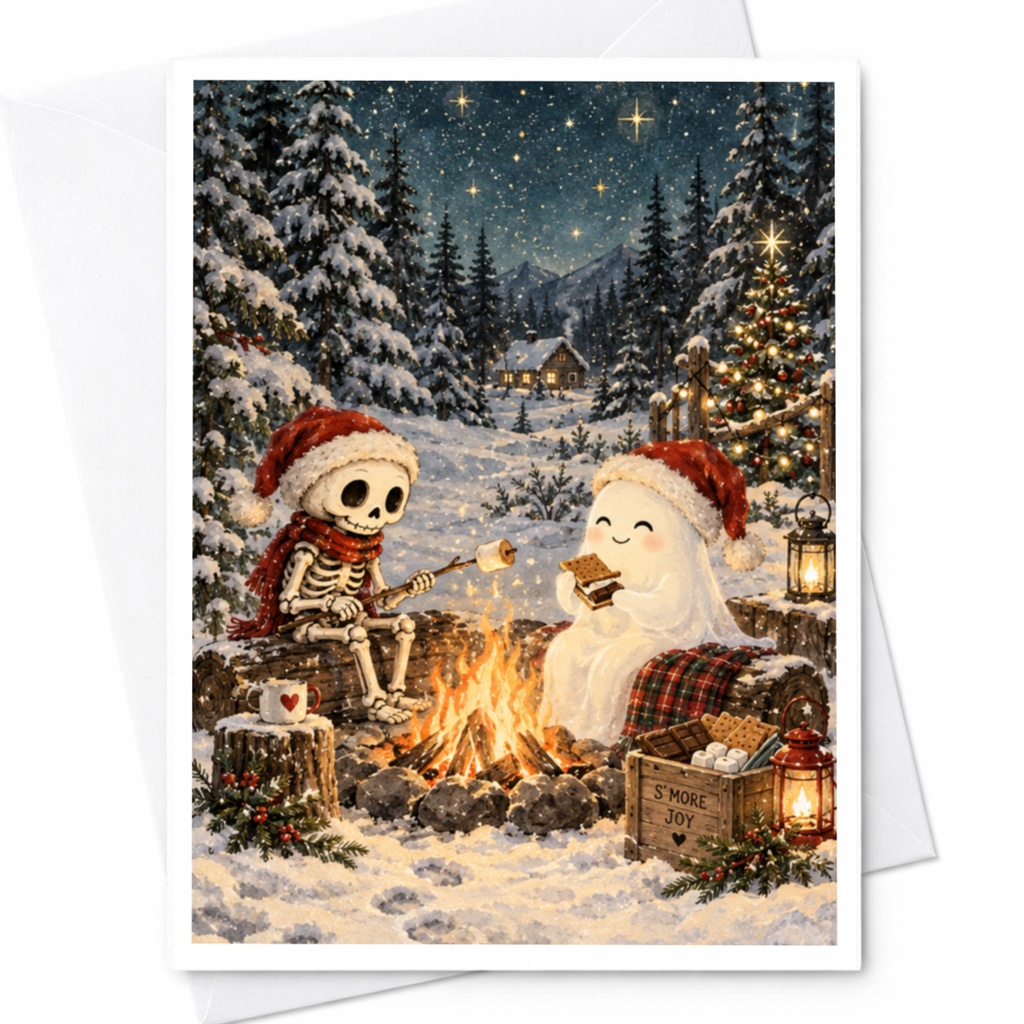 S'more Joy Christmas Card Cute Skeleton And Ghost Winter Scene Holiday Greeting Card Festive Campfire Illustration C8873