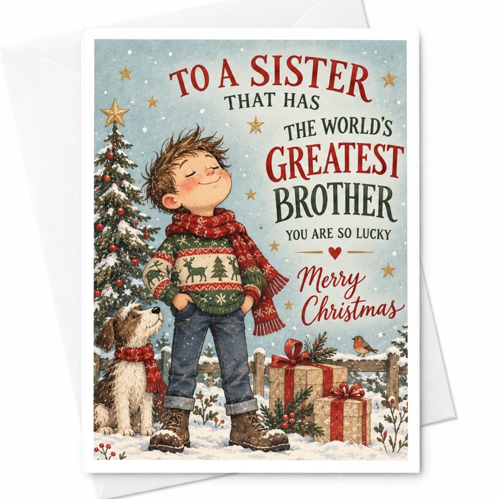 To A Sister That Has The World's Greatest Brother You Are So Lucky Merry Christmas Card For Sister Cute Holiday Card With Boy And C8875
