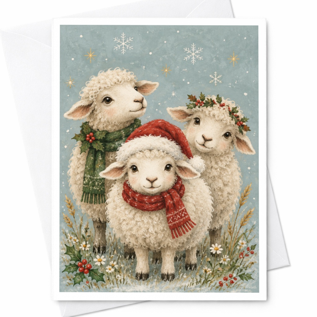 Festive Sheep Christmas Card Cute Holiday Greeting Card For Animal Lover Winter Scene With Snowflakes And Scarves C8877