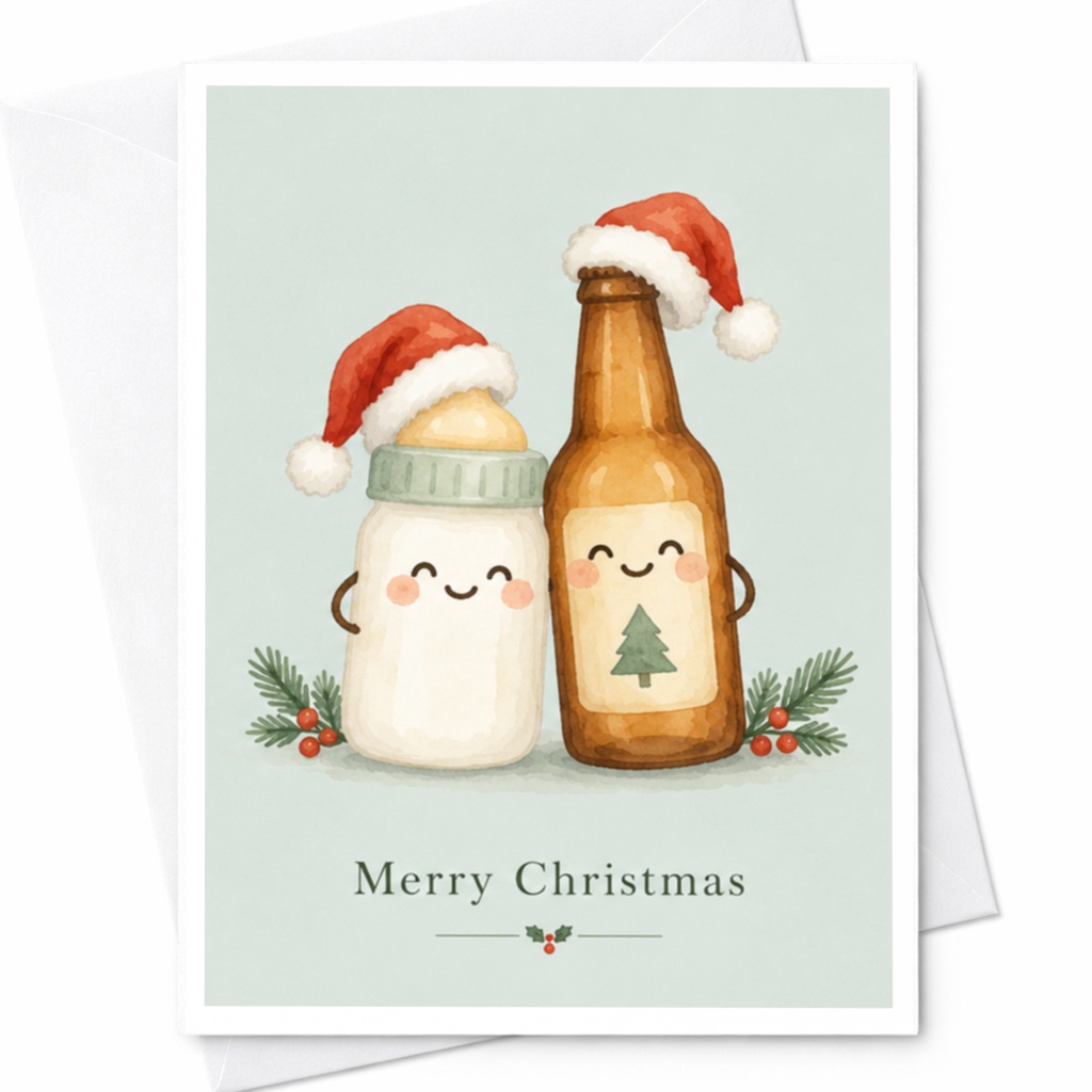 Merry Christmas Cute Bottle And Beer Christmas Card Funny Holiday Greeting Card For Friends Family Festive Cheer C8879