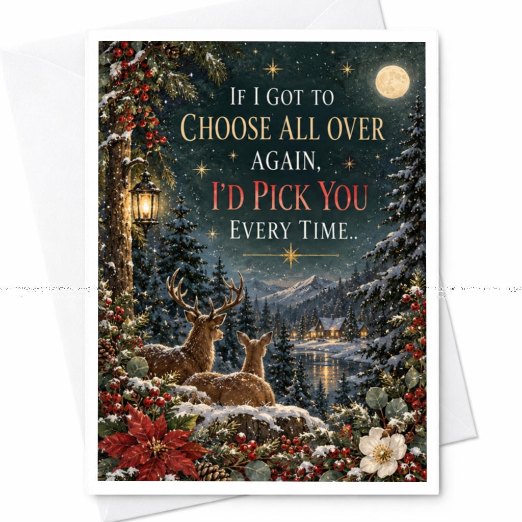 If I Got To Choose All Over Again, I'd Pick You Every Time.. Romantic Card Deer Winter Scene Anniversary Card For Partner C8885