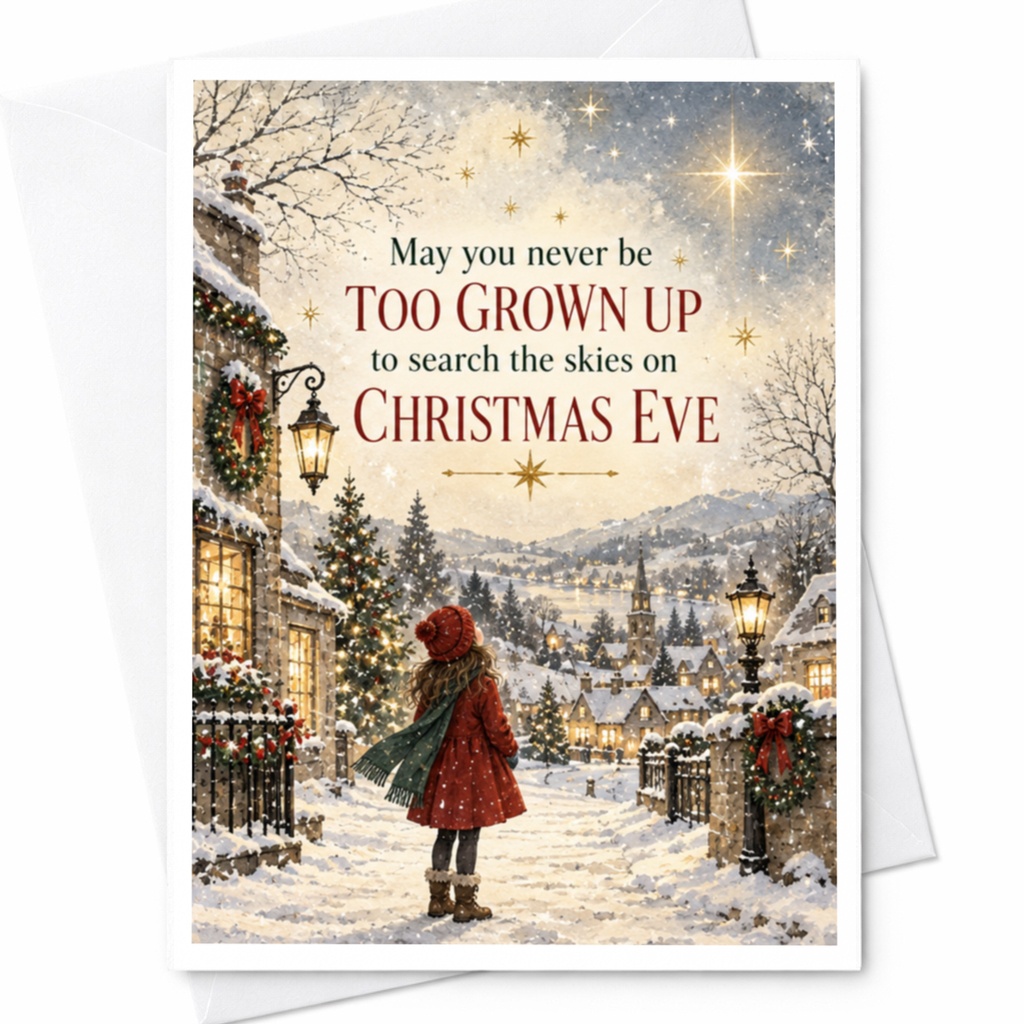 May You Never Be Too Grown Up Christmas Card Festive Holiday Greeting Card Winter Village Scene For Family Friends C8886