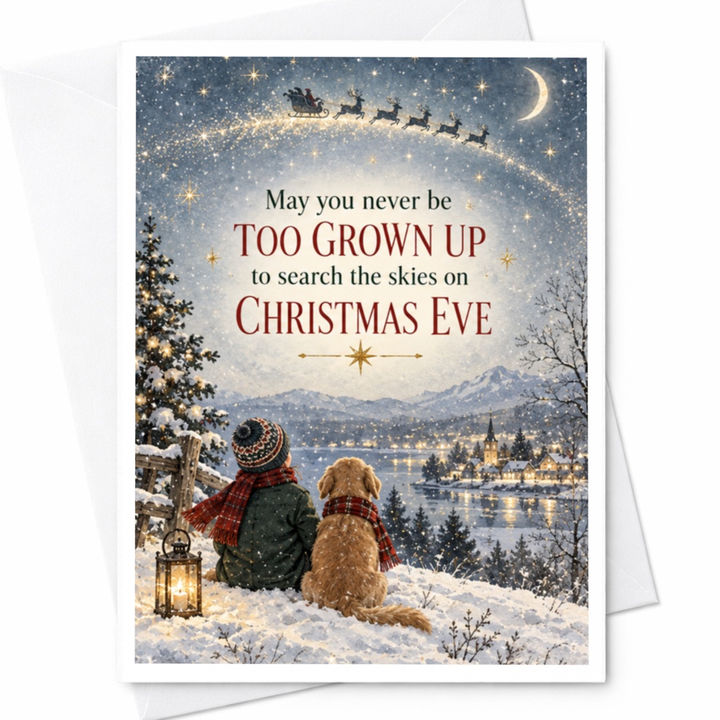 May You Never Be Too Grown Up Christmas Card Child Dog Snowy Scene Holiday Greeting Card Festive Winter Wonderland C8887