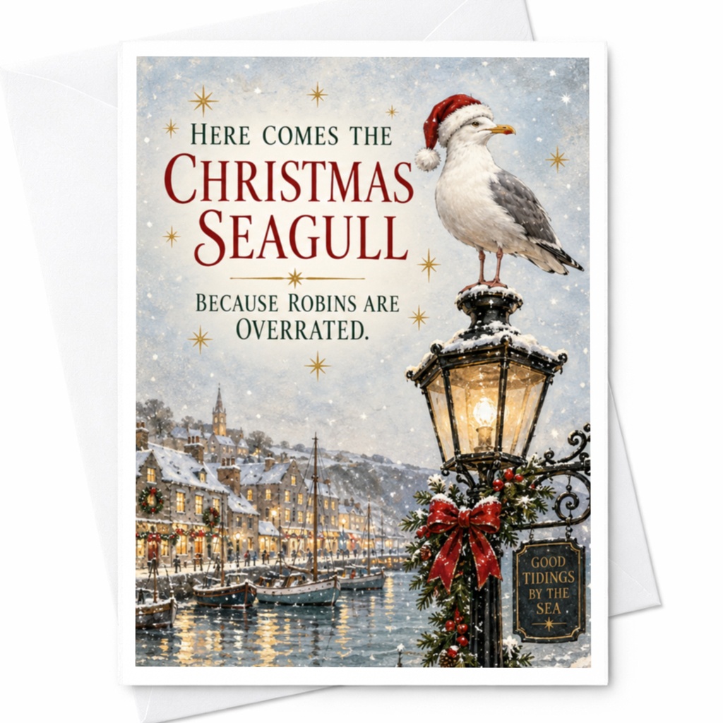 Here Comes The Christmas Seagull Because Robins Are Overrated Funny Christmas Card Seagull Holiday For Bird Lovers C8829