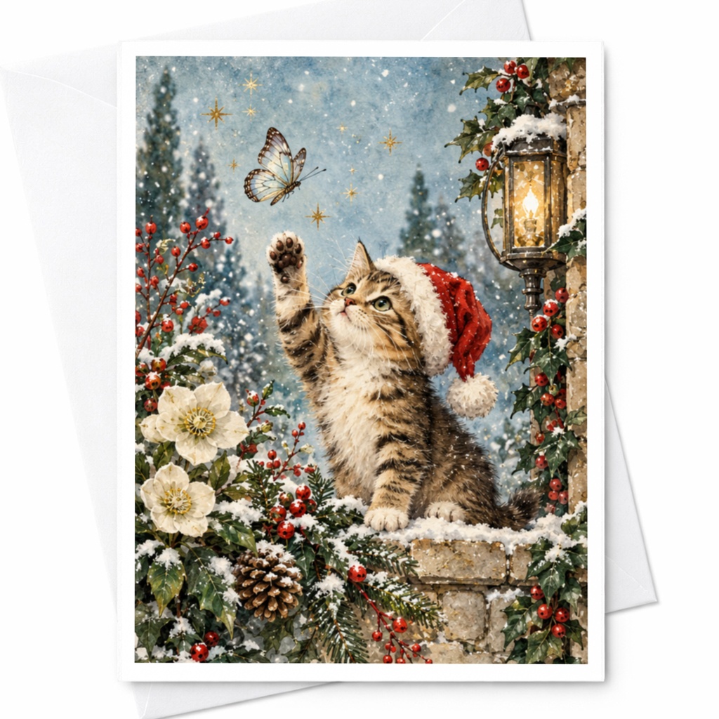 Cat In Santa Hat Christmas Card Cute Holiday Greeting Card For Cat Lover Winter Scene With Butterfly Snowy C8889