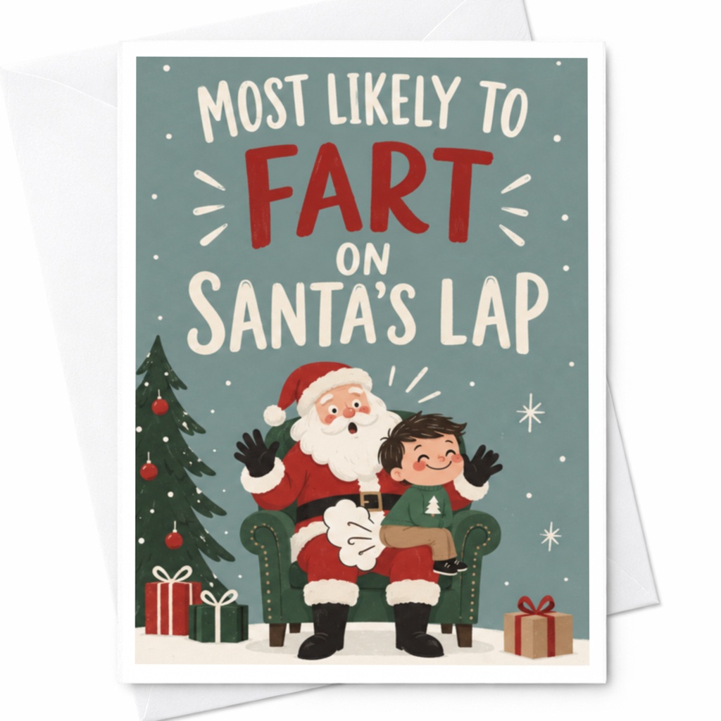 Most Likely To Fart On Santa's Lap Funny Christmas Card Holiday Greeting Card For Kids Cute Santa Claus Card C8835