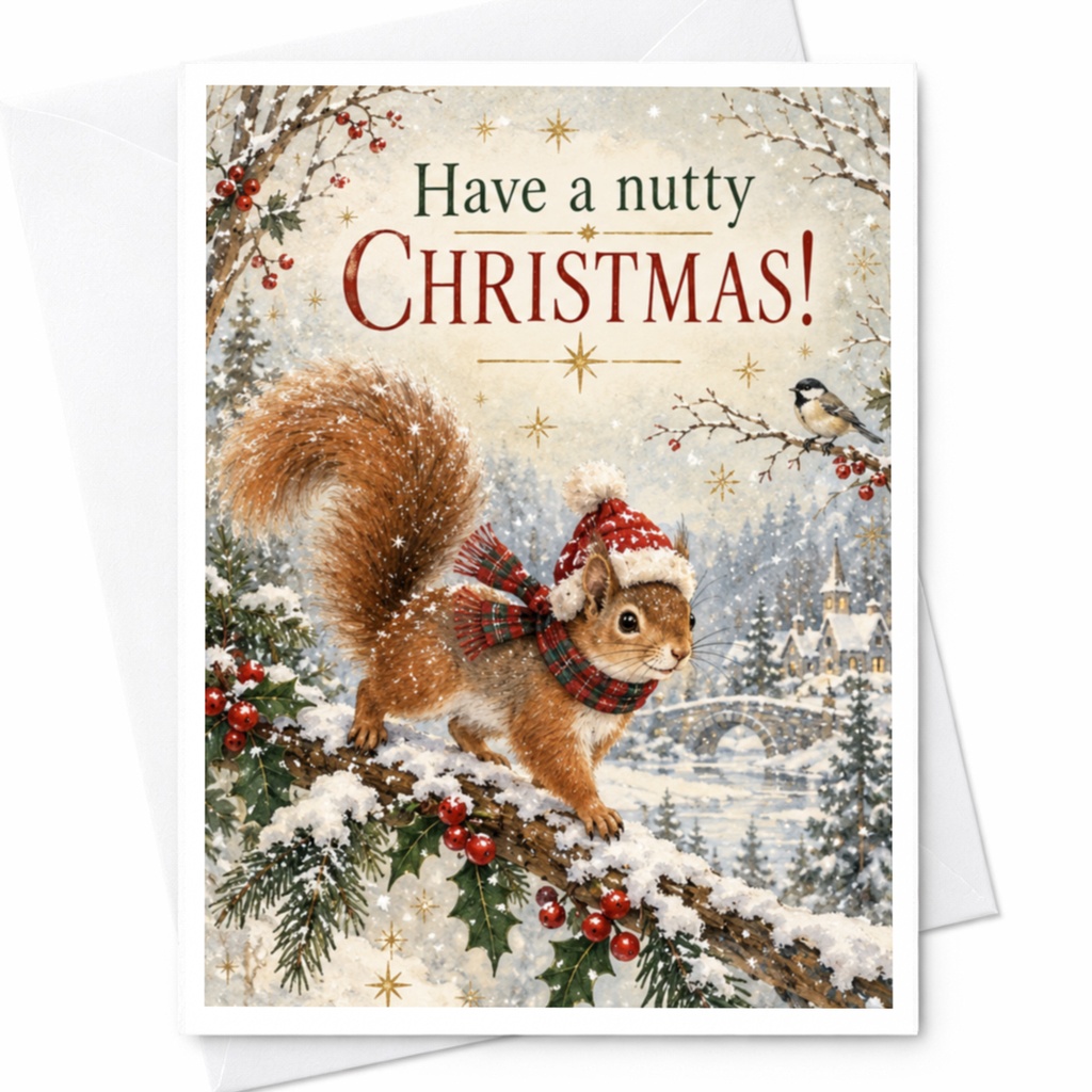 Have A Nutty Christmas! Cute Squirrel Christmas Card Winter Scene Holiday Greeting Card For Animal Lover Festive Woodland C8895