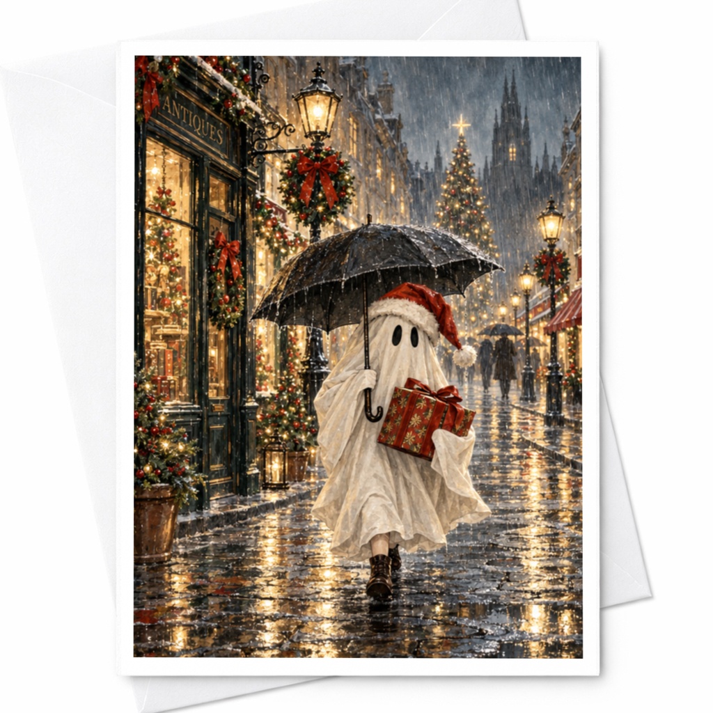 Ghost Christmas Card Festive Holiday Greeting Card Cute Ghost With Umbrella And Gift Winter Scene For Friend Family C8836