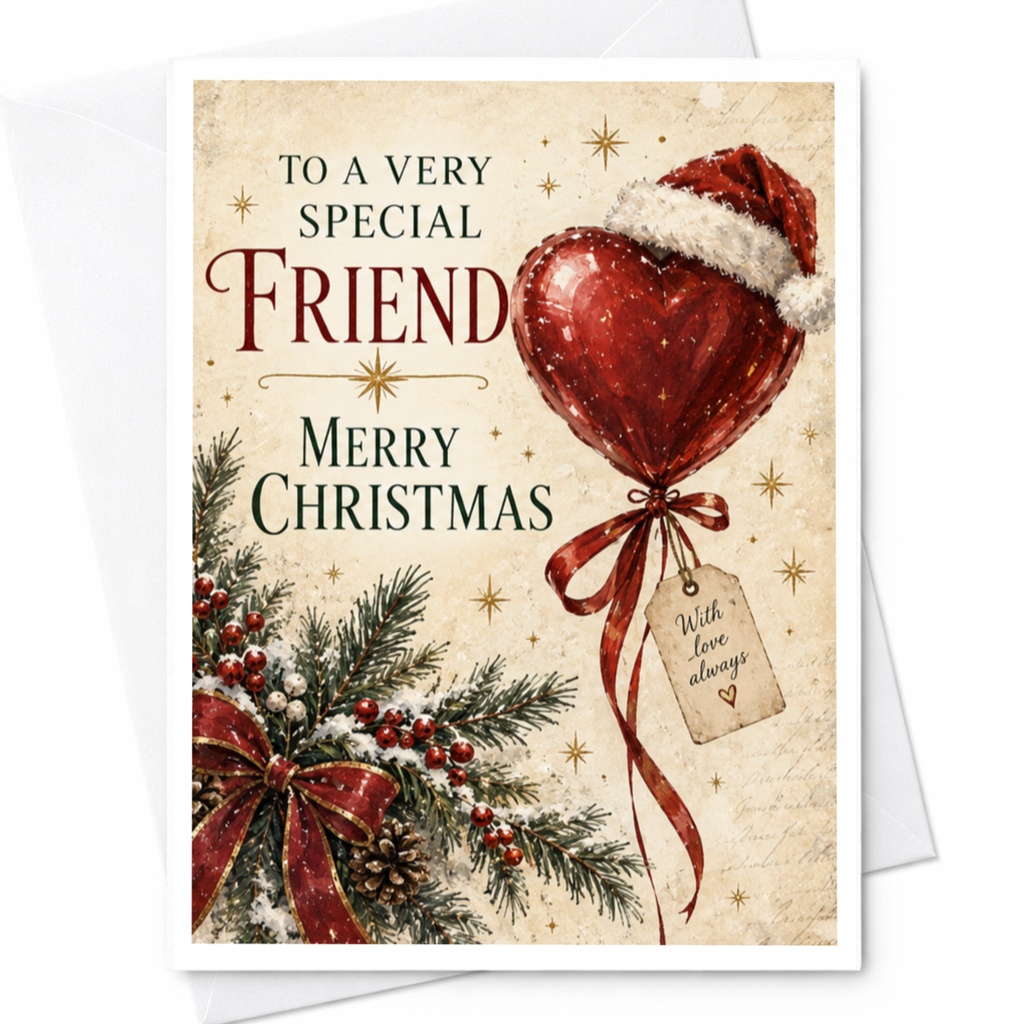 To A Very Special Friend Merry Christmas Card Festive Holiday Greeting For Friend Heart Balloon Santa Hat C8838