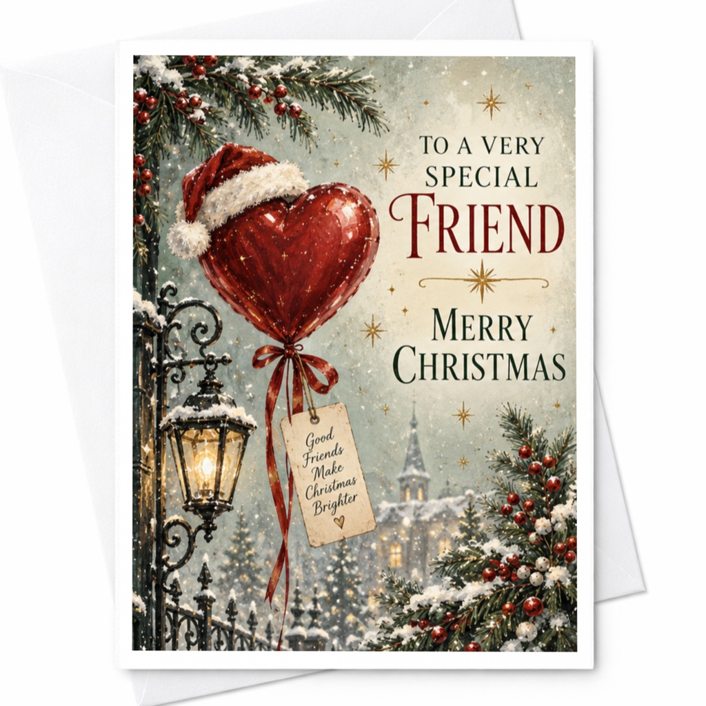 To A Very Special Friend Merry Christmas Card Heart Balloon Santa Hat Christmas Card For Friend Festive Holiday Greeting Card C8839