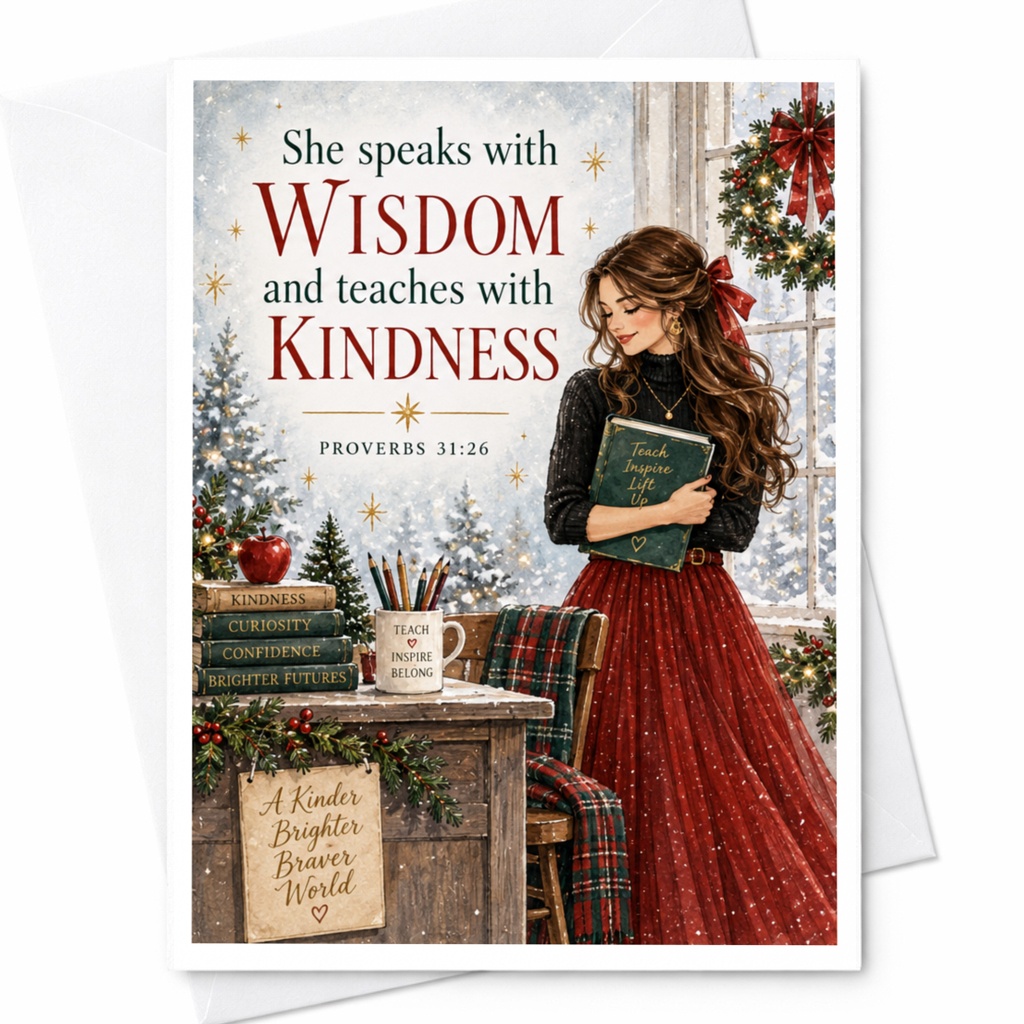 She Speaks With Wisdom And Teaches With Kindness Christmas Card Inspirational Proverbs 31:26 Holiday Greeting Card For Her C8899