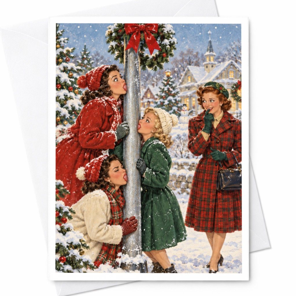 Vintage Winter Scene Christmas Card Retro Holiday Greeting Card For Her Cute Snowy Illustration Festive Women In Coats C8840
