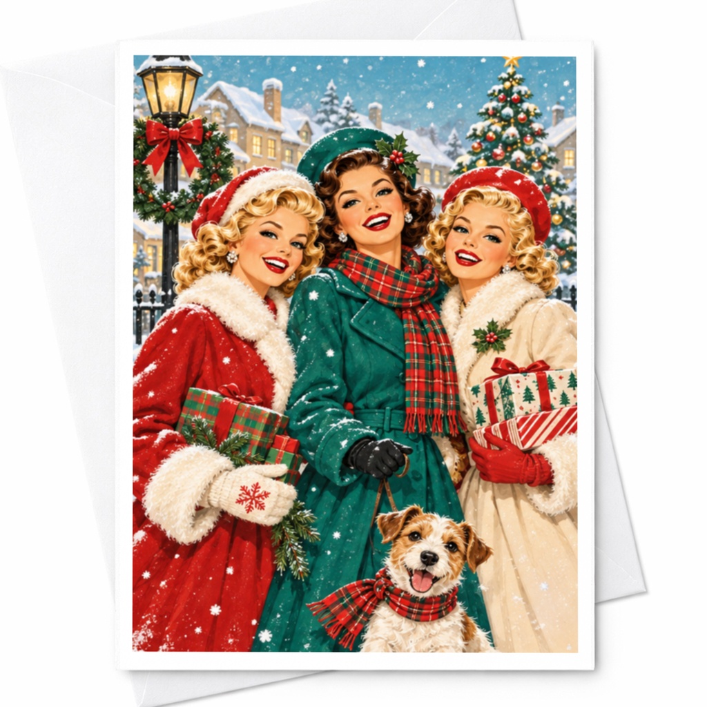 Vintage Christmas Card Retro Holiday Scene With Women And Dog Festive Greeting Card For Her Family Friends Winter Celebration C8900