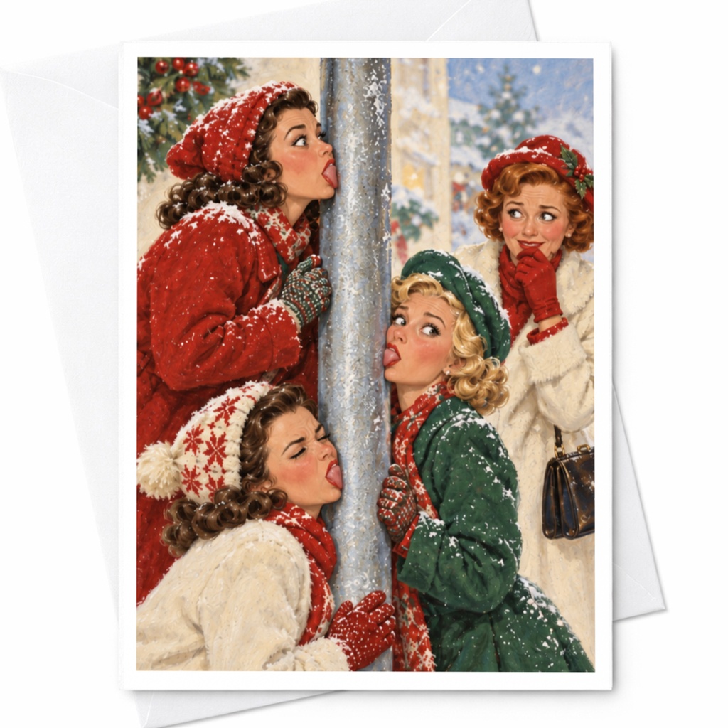 Vintage Winter Scene Christmas Card Retro Holiday Greeting Card For Her Cute Festive Snowy Women Illustration C8841