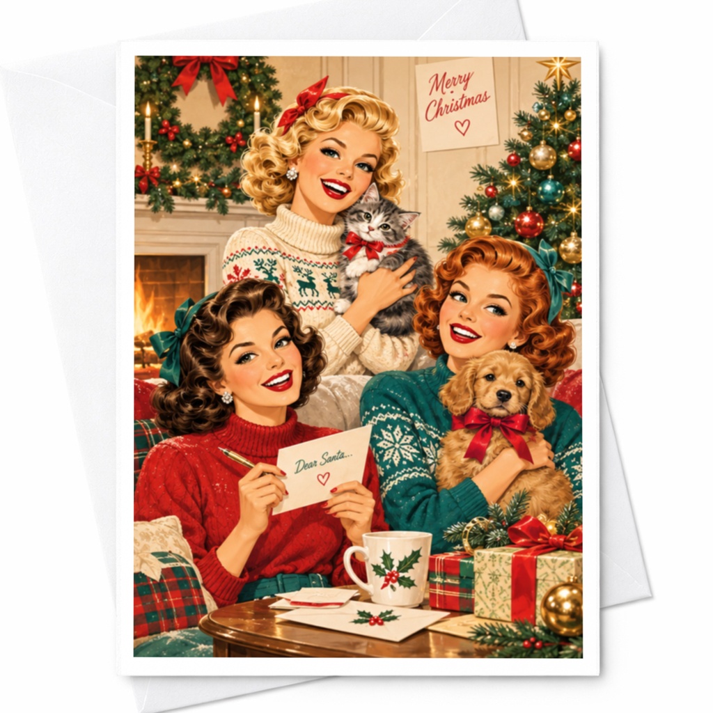 Merry Christmas Vintage Christmas Card Retro Holiday Greeting Card Cute Festive With Women Cat Dog Family C8901