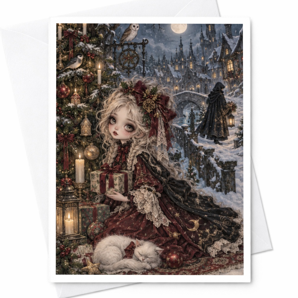 Victorian Christmas Card Cute Girl With Gifts And Cat Holiday Greeting Card For Her Winter Scene Art Card C8903