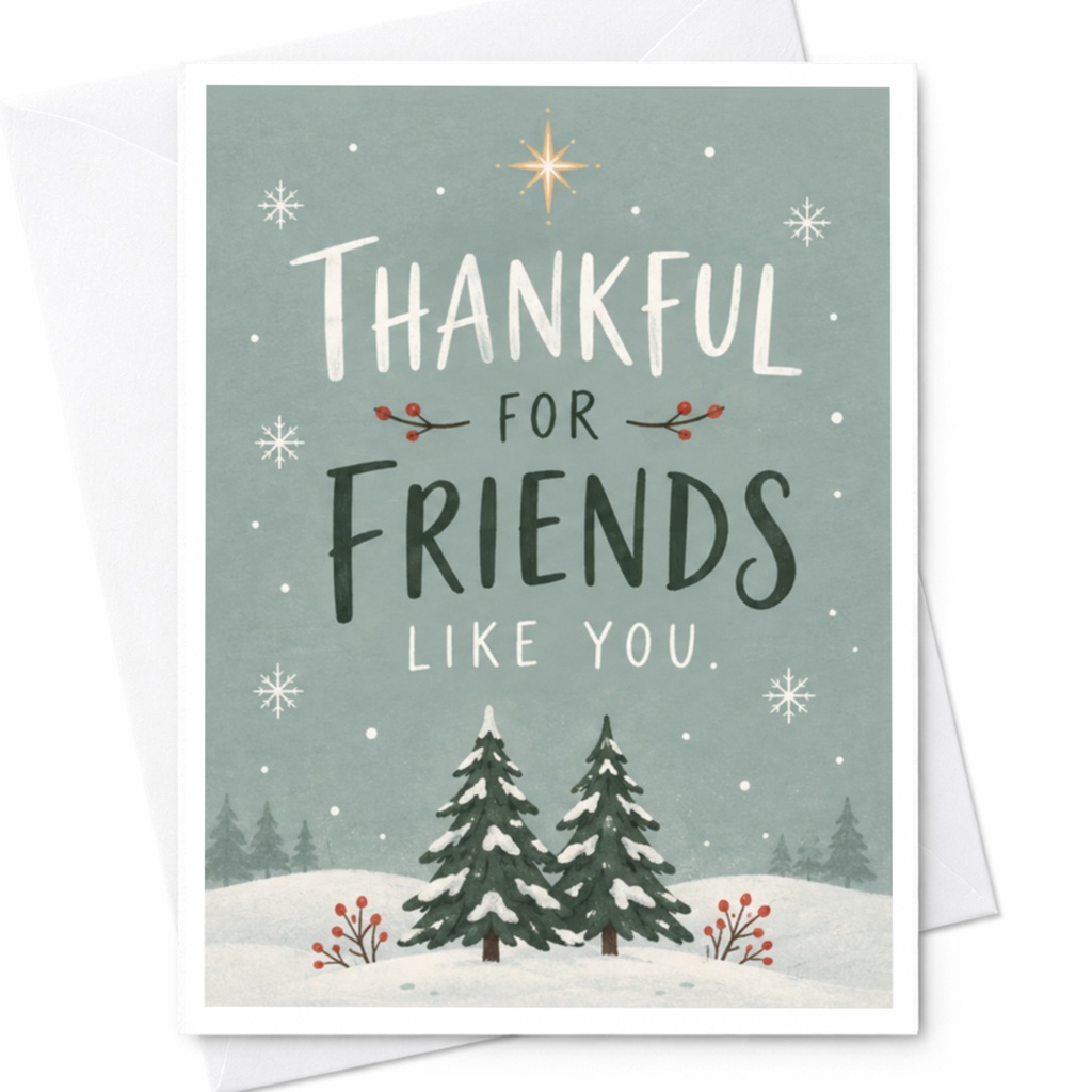 Thankful For Friends Like You Christmas Card Snowy Trees Holiday Greeting Card For Friend Winter Scene Festive Card C8907